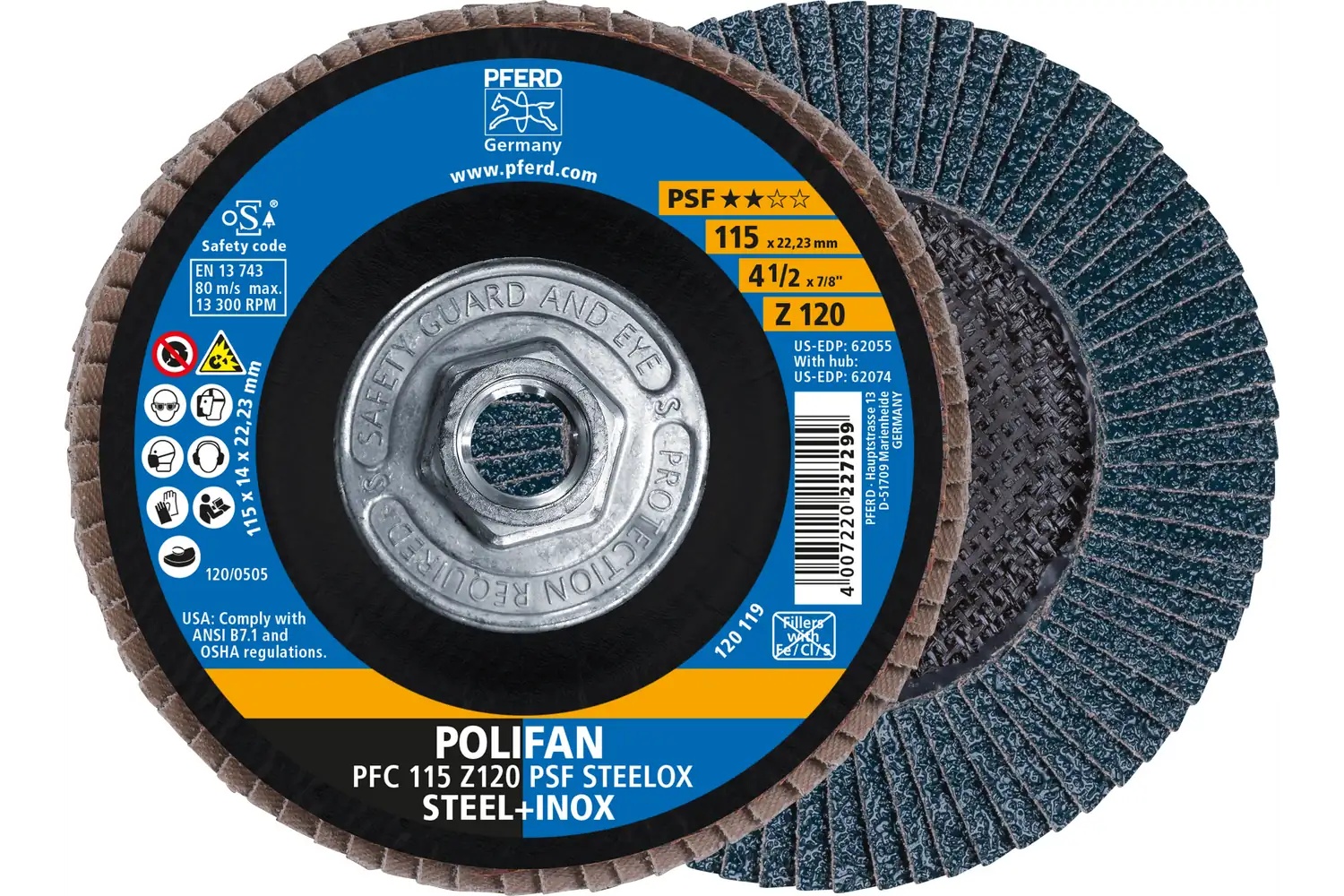 Picture of Pferd Flap Disc, 4-1/2" x 5/8-11, Z PSF Steelox, 120 Grit, T29, Conical, Zirconia